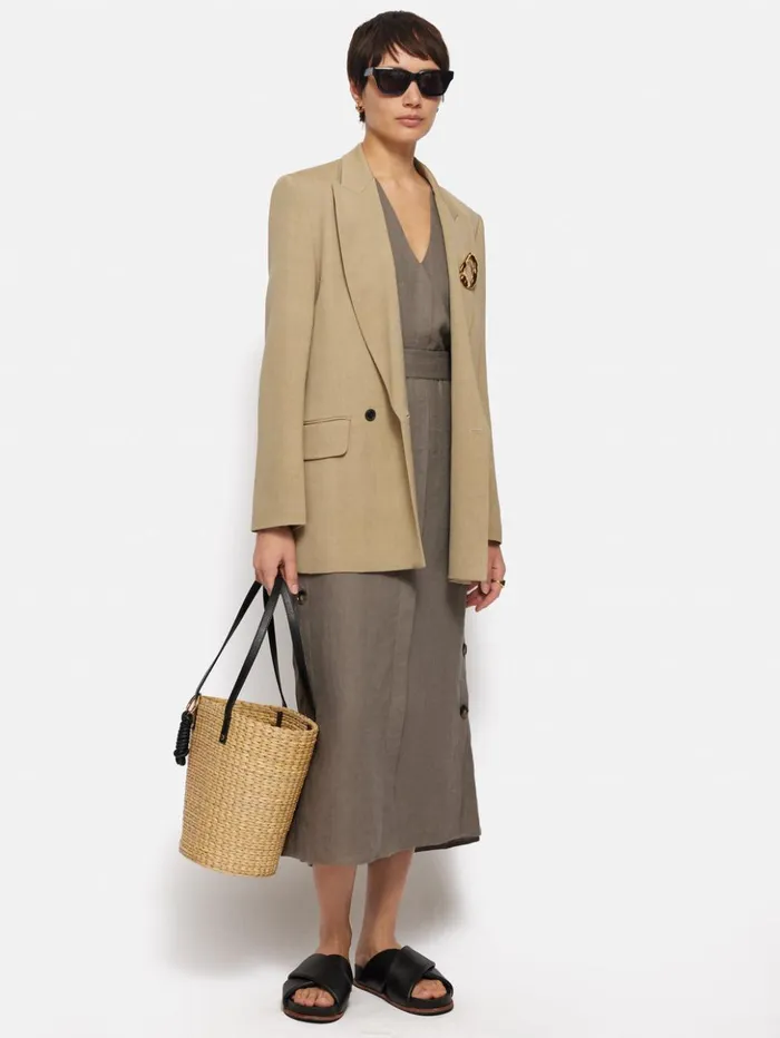 Jigsaw Linen Button Detail Dress Taupe Women Dresses and Jumpsuits