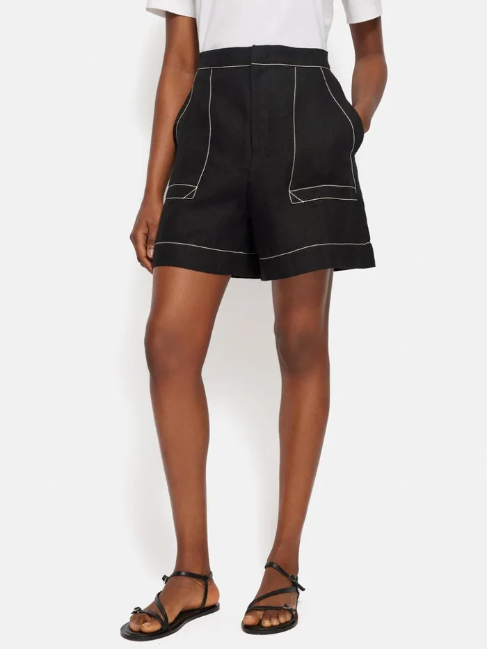Jigsaw Linen Contrast Stitch Short Black Women Shorts