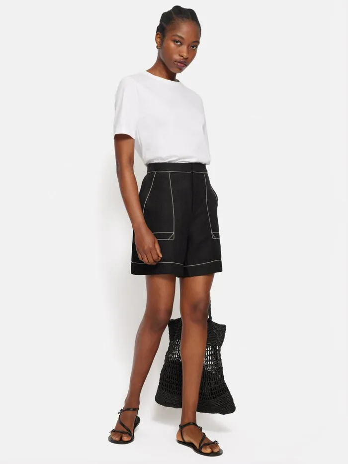 Jigsaw Linen Contrast Stitch Short Black Women Shorts