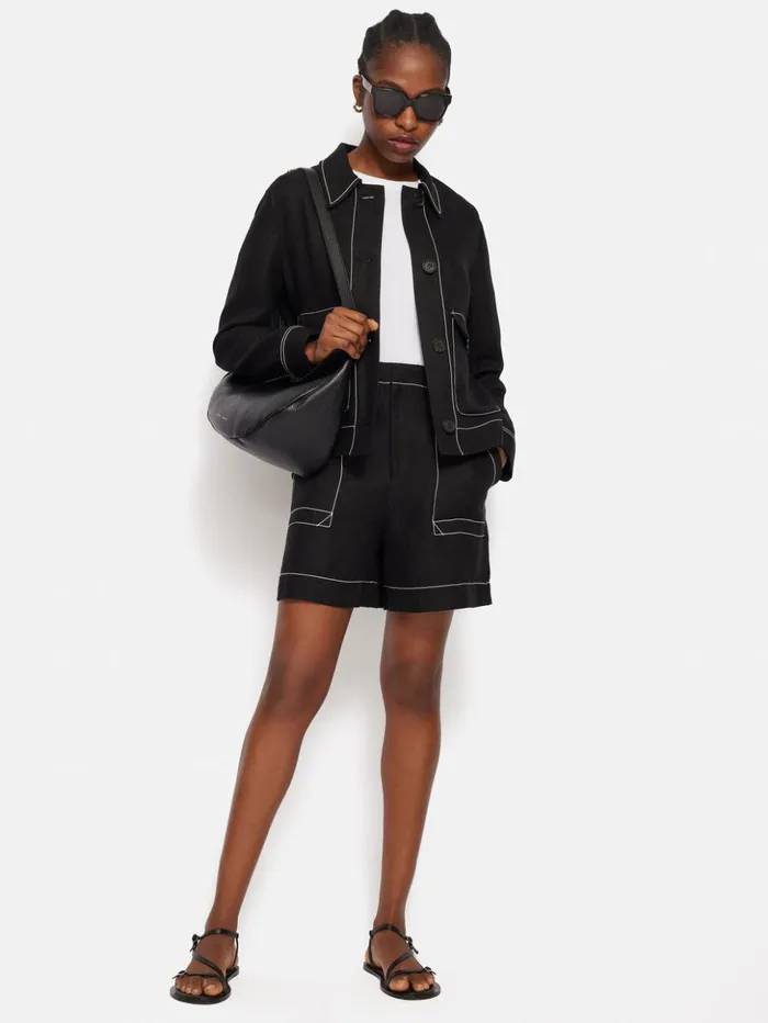 Jigsaw Linen Contrast Stitch Short Black Women Shorts