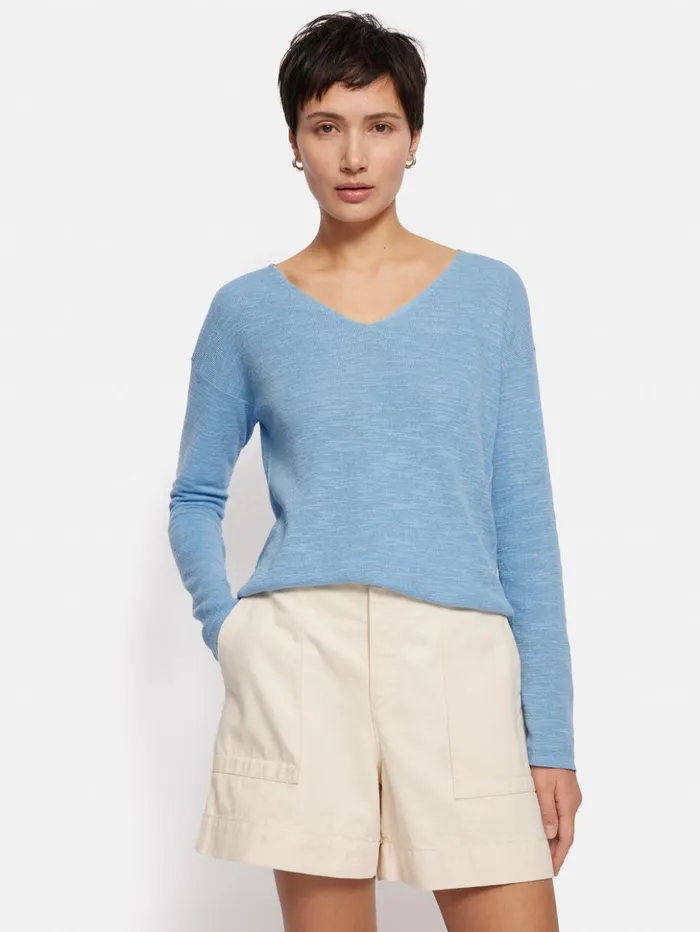 Jigsaw Linen Cotton V Neck Jumper Blue Women Knitwear and Cashmere