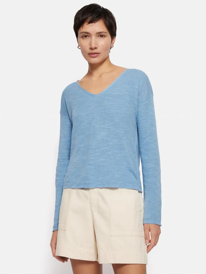 Jigsaw Linen Cotton V Neck Jumper Blue Women Knitwear and Cashmere