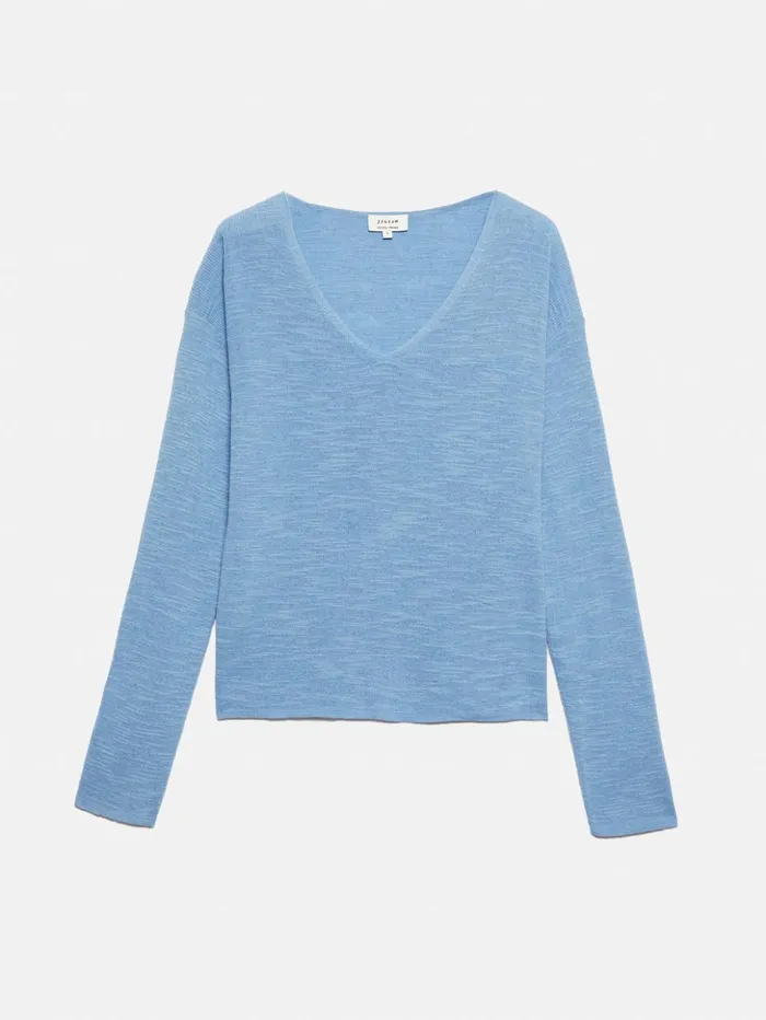 Jigsaw Linen Cotton V Neck Jumper Blue Women Knitwear and Cashmere