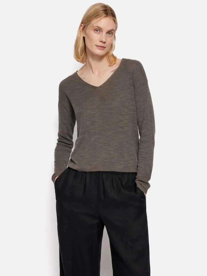 Jigsaw Linen Cotton V Neck Jumper Brown Women Shirts and Tops