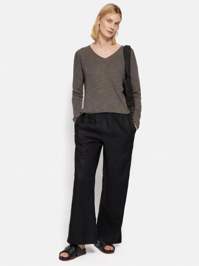 Jigsaw Linen Cotton V Neck Jumper Brown Women Shirts and Tops
