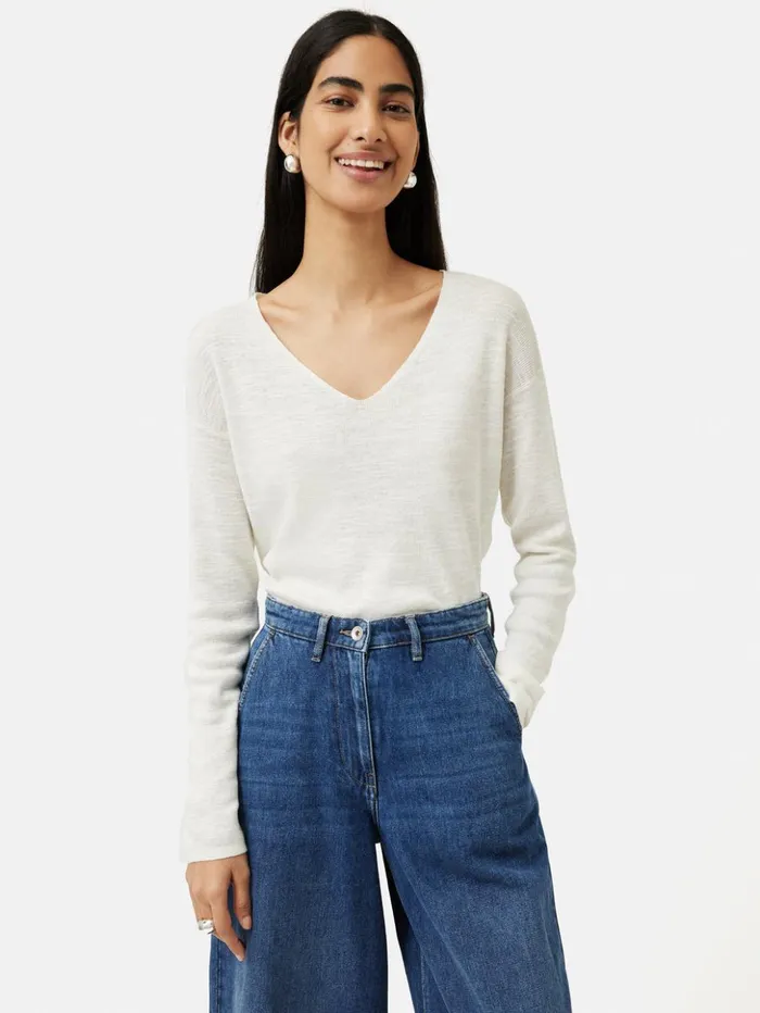 Jigsaw Linen Cotton V Neck Jumper Ivory Women Shirts and Tops