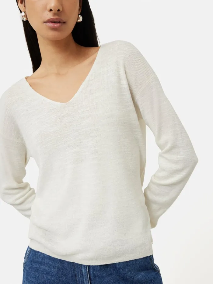 Jigsaw Linen Cotton V Neck Jumper Ivory Women Shirts and Tops