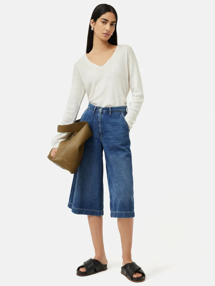 Jigsaw Linen Cotton V Neck Jumper Ivory Women Shirts and Tops