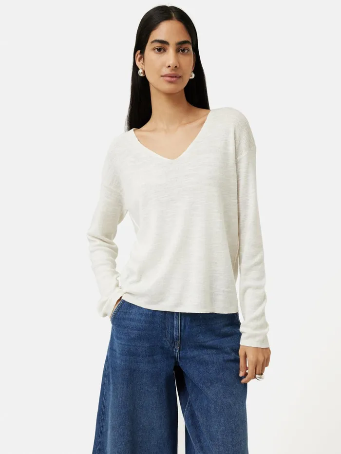 Jigsaw Linen Cotton V Neck Jumper Ivory Women Shirts and Tops