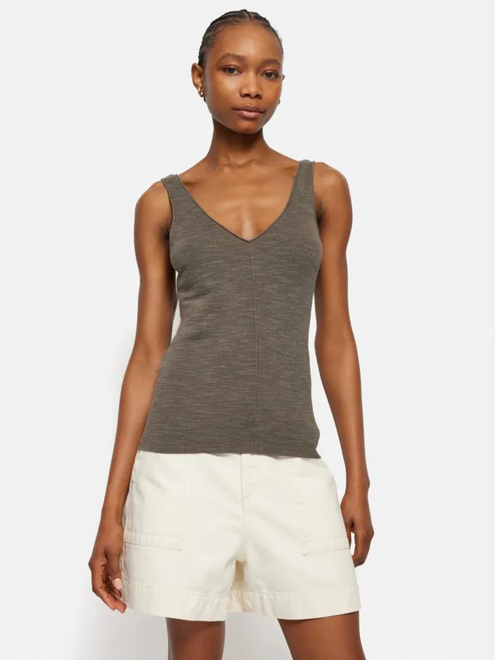 Jigsaw Linen Cotton V Neck Vest Brown Women Shirts and Tops