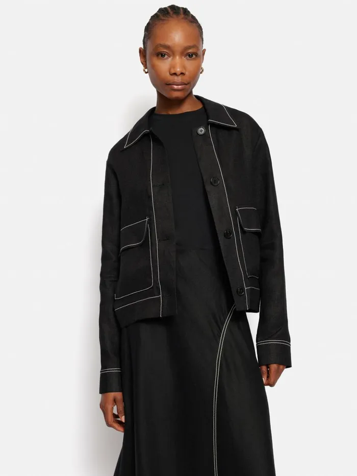 Jigsaw Linen Cropped Utility Jacket Black Women Coats and Jackets