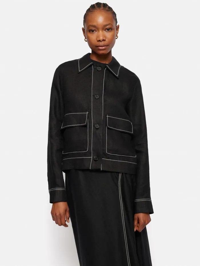 Jigsaw Linen Cropped Utility Jacket Black Women Coats and Jackets
