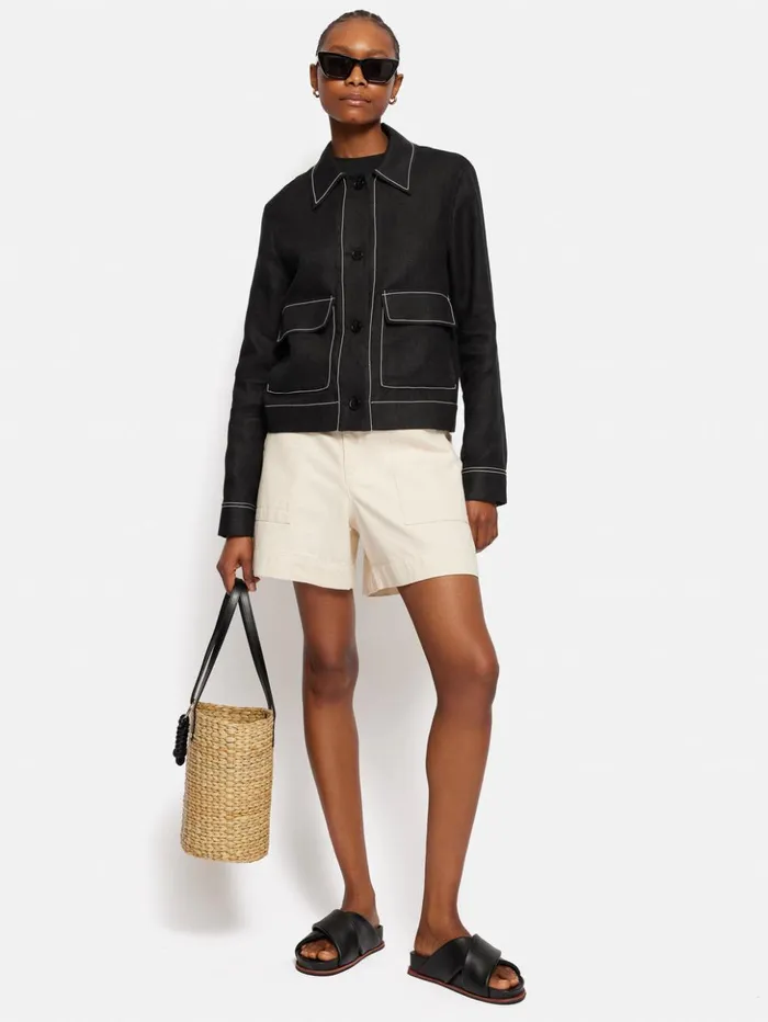 Jigsaw Linen Cropped Utility Jacket Black Women Coats and Jackets