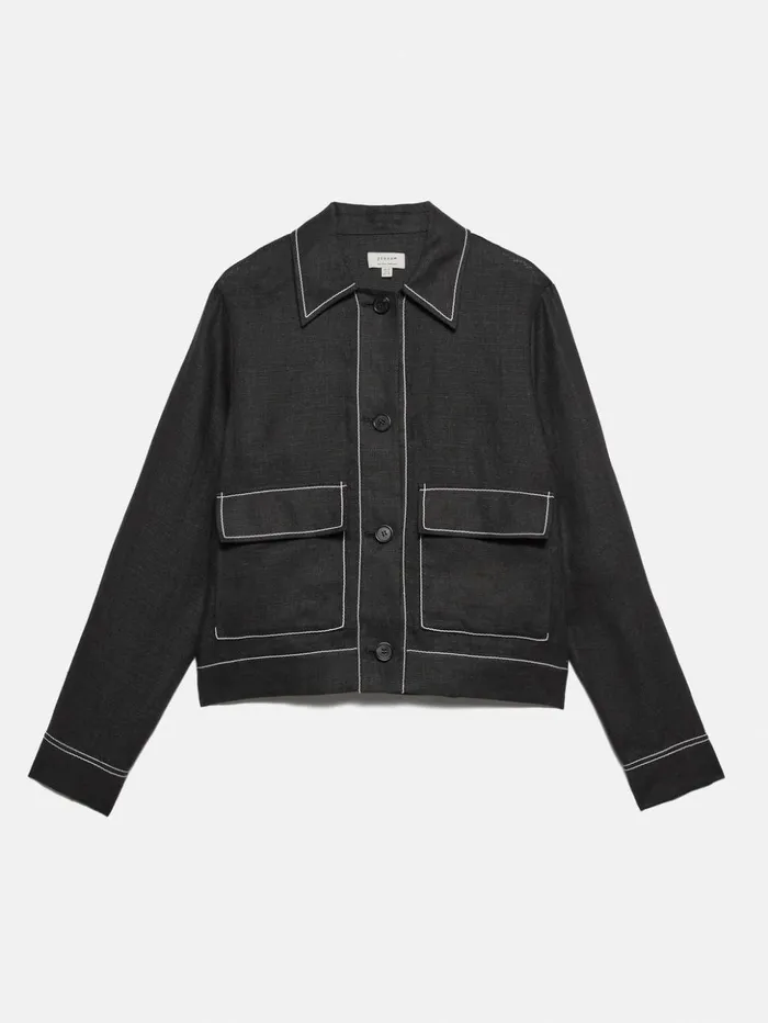 Jigsaw Linen Cropped Utility Jacket Black Women Coats and Jackets