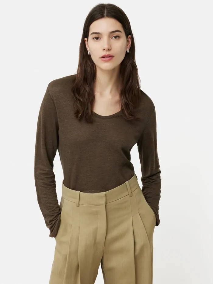 Jigsaw Linen Eden Long Sleeve Tee Khaki Women Shirts and Tops