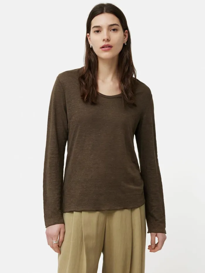 Jigsaw Linen Eden Long Sleeve Tee Khaki Women Shirts and Tops
