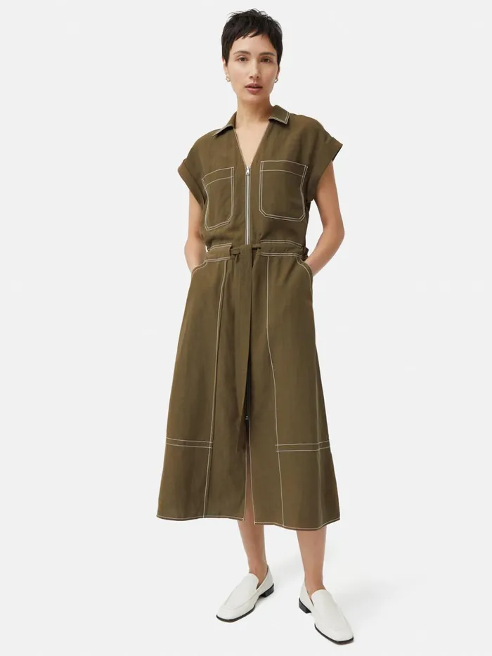 Jigsaw Linen Lyocell Stitched Dress Dark Khaki Women Dresses and Jumpsuits