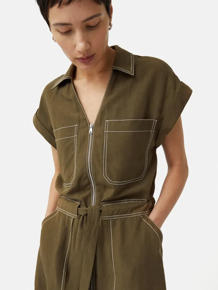 Jigsaw Linen Lyocell Stitched Dress Dark Khaki Women Dresses and Jumpsuits