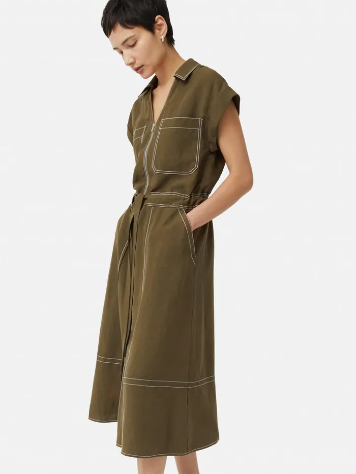 Jigsaw Linen Lyocell Stitched Dress Dark Khaki Women Dresses and Jumpsuits