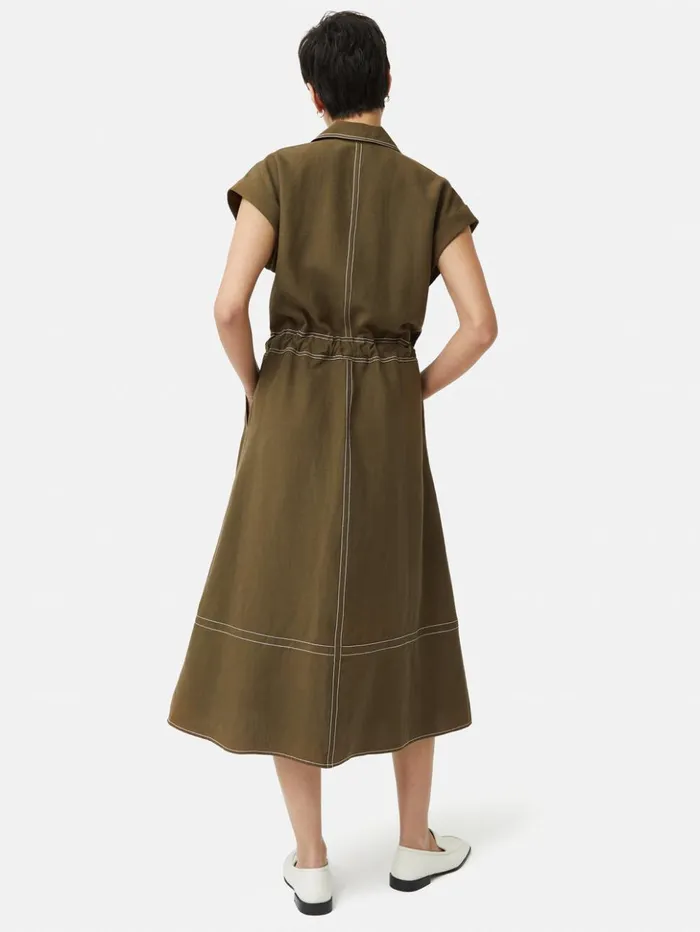 Jigsaw Linen Lyocell Stitched Dress Dark Khaki Women Dresses and Jumpsuits