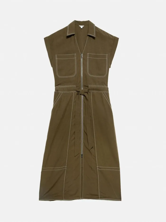 Jigsaw Linen Lyocell Stitched Dress Dark Khaki Women Dresses and Jumpsuits