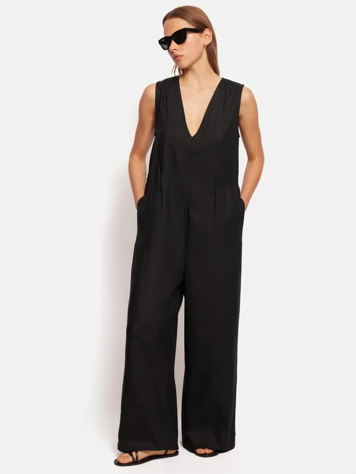 Jigsaw Linen Sleeveless Jumpsuit Black Women Dresses and Jumpsuits