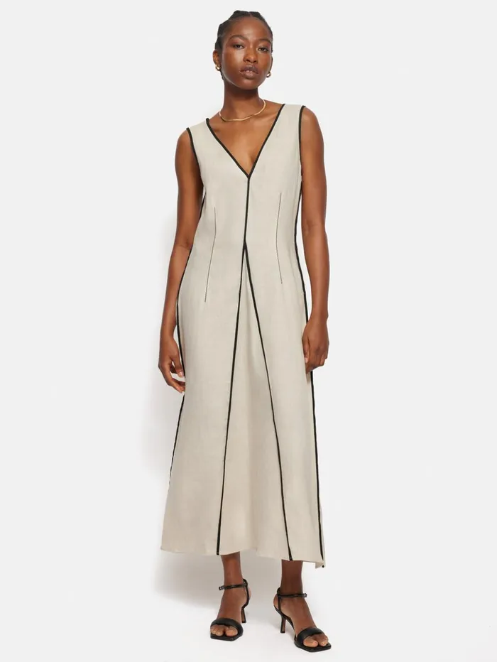 Jigsaw Linen Sleeveless Piped Dress Cream Women Dresses and Jumpsuits
