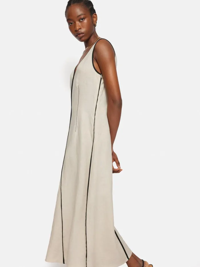 Jigsaw Linen Sleeveless Piped Dress Cream Women Dresses and Jumpsuits