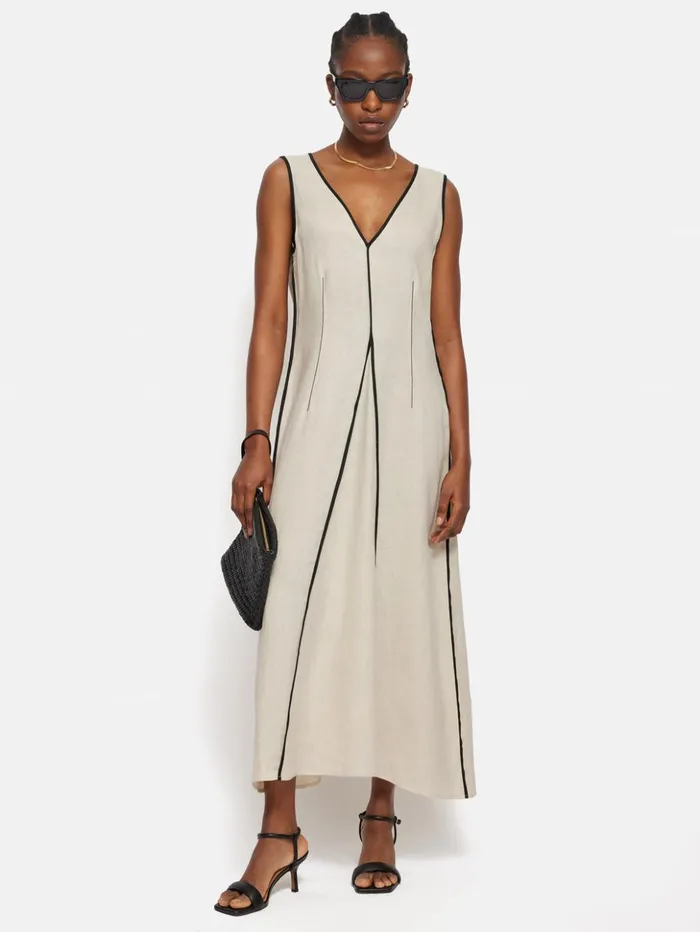 Jigsaw Linen Sleeveless Piped Dress Cream Women Dresses and Jumpsuits