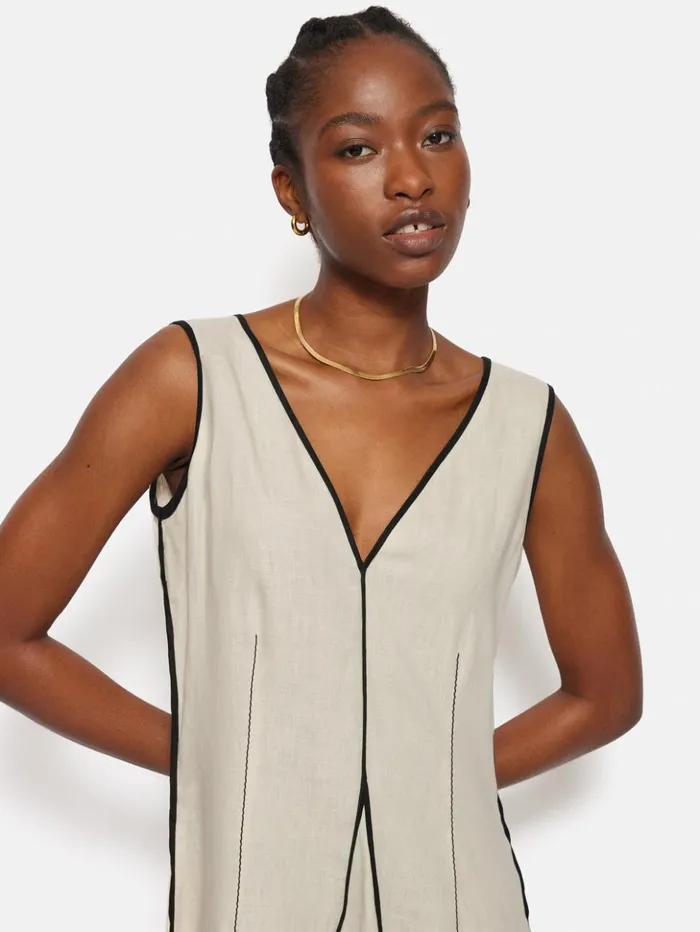 Jigsaw Linen Sleeveless Piped Dress Cream Women Dresses and Jumpsuits