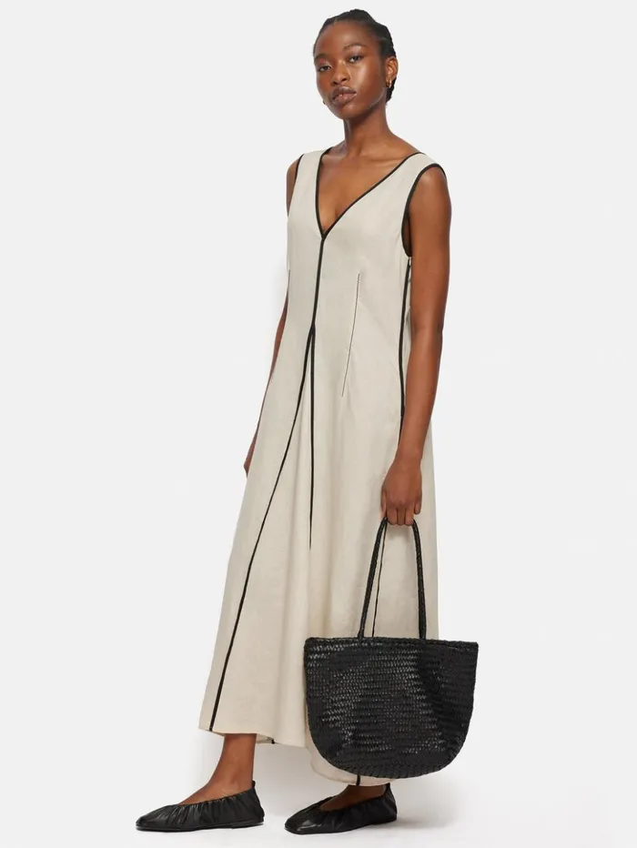 Jigsaw Linen Sleeveless Piped Dress Cream Women Dresses and Jumpsuits