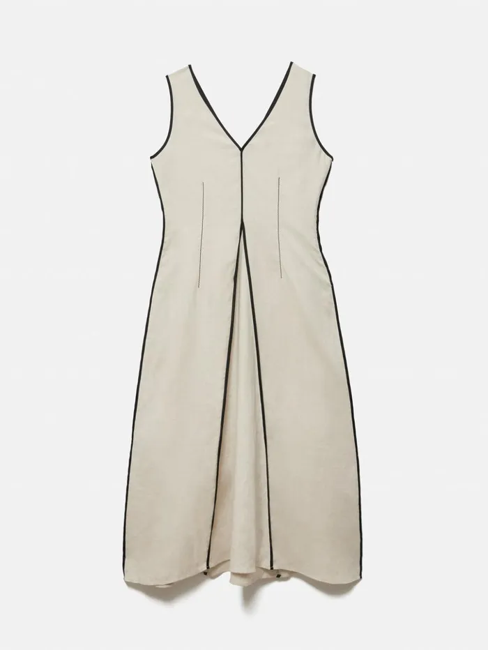 Jigsaw Linen Sleeveless Piped Dress Cream Women Dresses and Jumpsuits