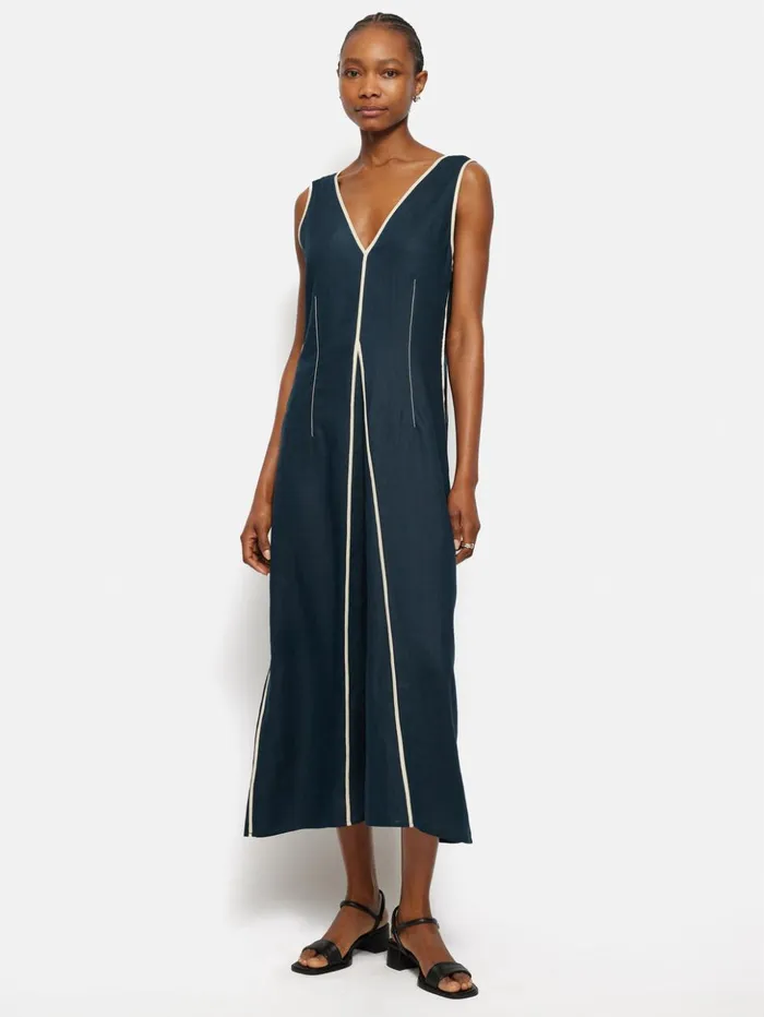 Jigsaw Linen Sleeveless Piped Dress Navy Women Dresses and Jumpsuits