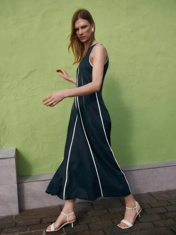 Jigsaw Linen Sleeveless Piped Dress Navy Women Dresses and Jumpsuits