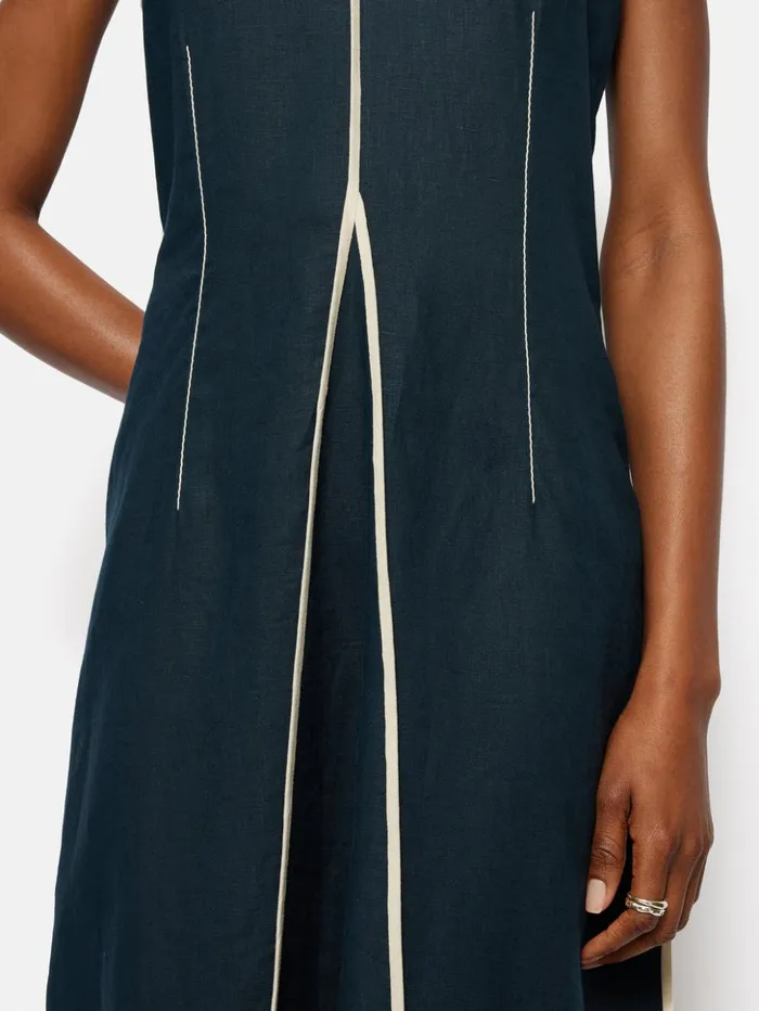 Jigsaw Linen Sleeveless Piped Dress Navy Women Dresses and Jumpsuits