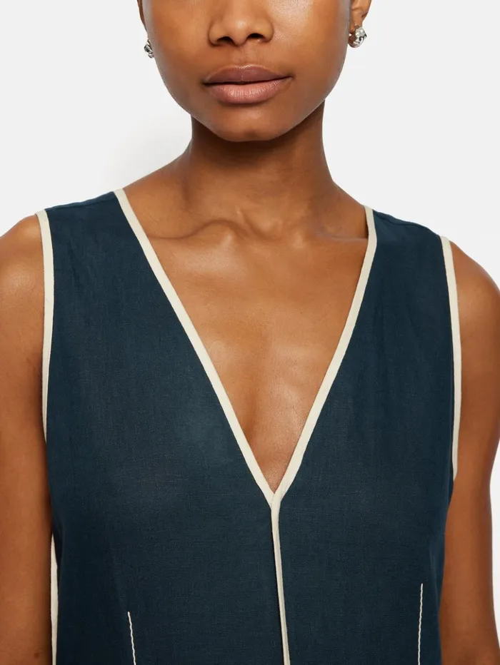Jigsaw Linen Sleeveless Piped Dress Navy Women Dresses and Jumpsuits