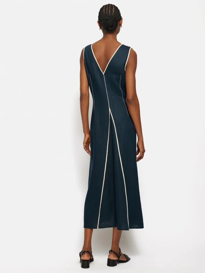 Jigsaw Linen Sleeveless Piped Dress Navy Women Dresses and Jumpsuits