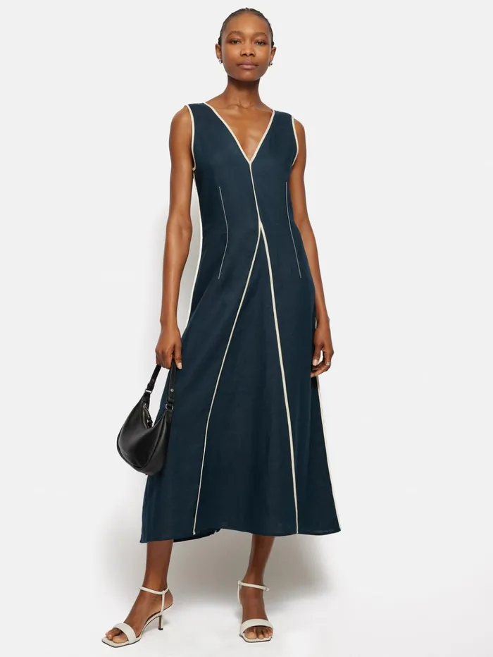 Jigsaw Linen Sleeveless Piped Dress Navy Women Dresses and Jumpsuits