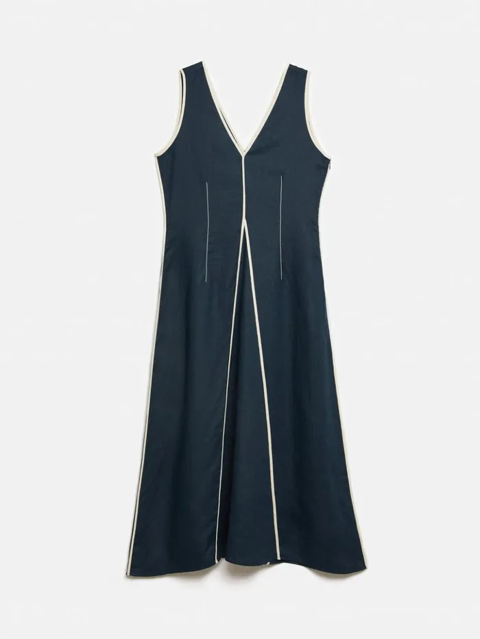 Jigsaw Linen Sleeveless Piped Dress Navy Women Dresses and Jumpsuits