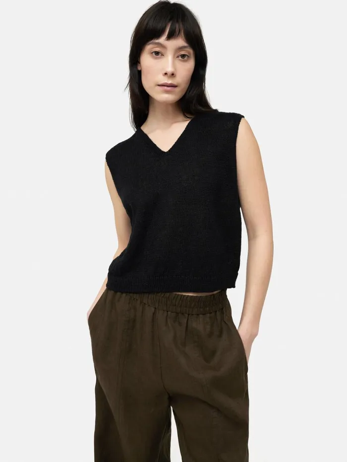 Jigsaw Linen Slub Cropped V Tank Top Black Women Shirts and Tops