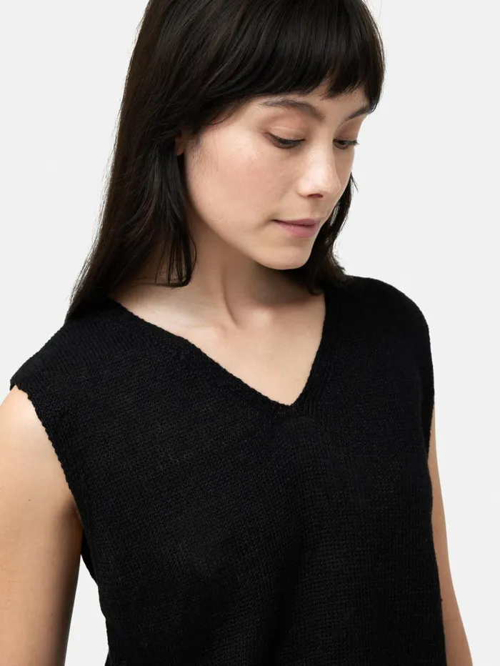 Jigsaw Linen Slub Cropped V Tank Top Black Women Shirts and Tops