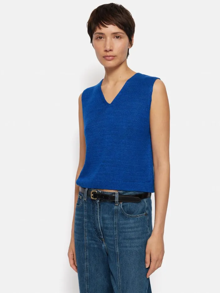 Jigsaw Linen Slub Cropped V Tank Top Blue Women Knitwear and Cashmere