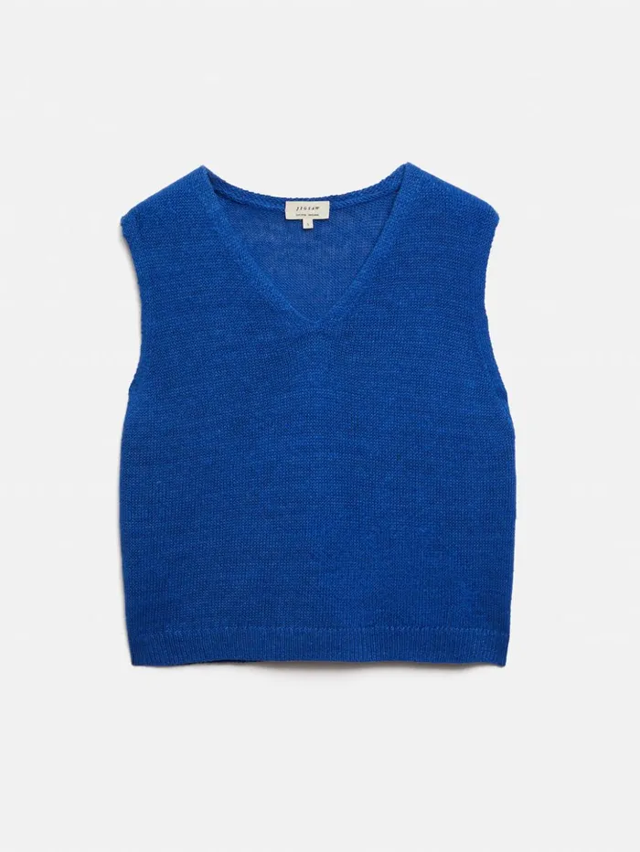 Jigsaw Linen Slub Cropped V Tank Top Blue Women Knitwear and Cashmere