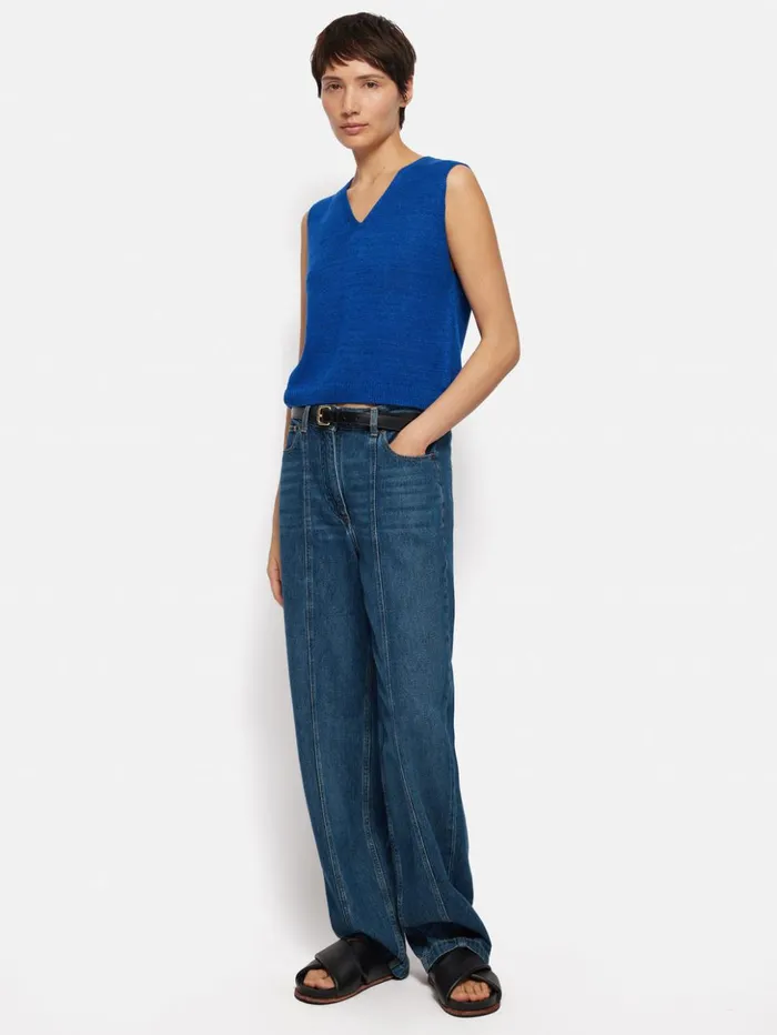 Jigsaw Linen Slub Cropped V Tank Top Blue Women Shirts and Tops