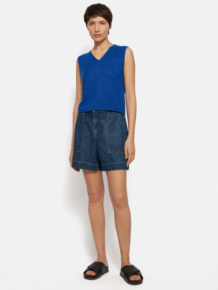 Jigsaw Linen Slub Cropped V Tank Top Blue Women Shirts and Tops