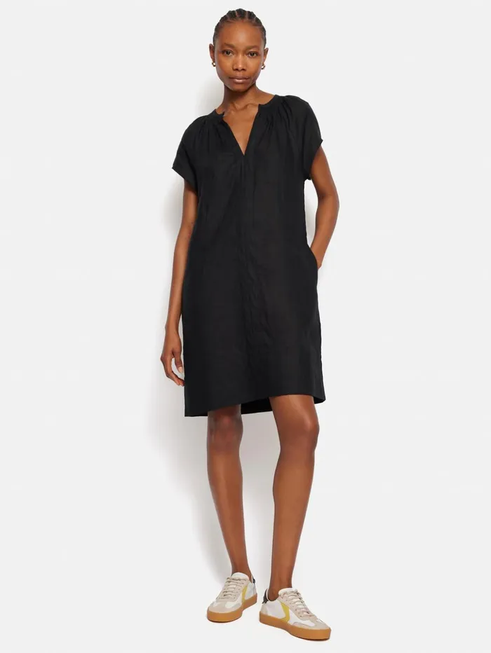 Jigsaw Linen Smocked Tshirt Dress Black Women Dresses and Jumpsuits