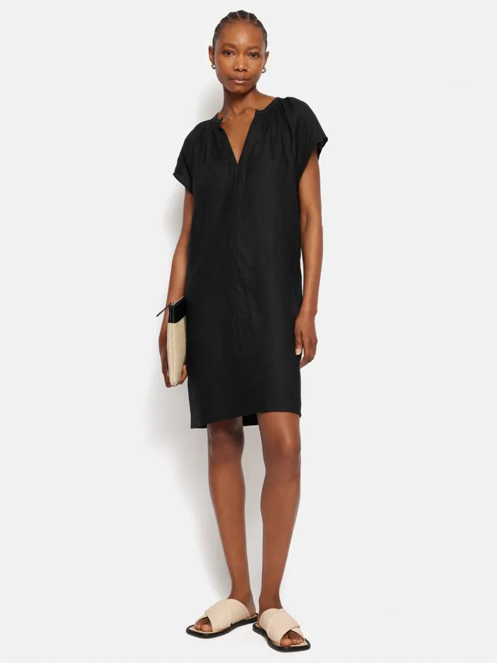 Jigsaw Linen Smocked Tshirt Dress Black Women Dresses and Jumpsuits