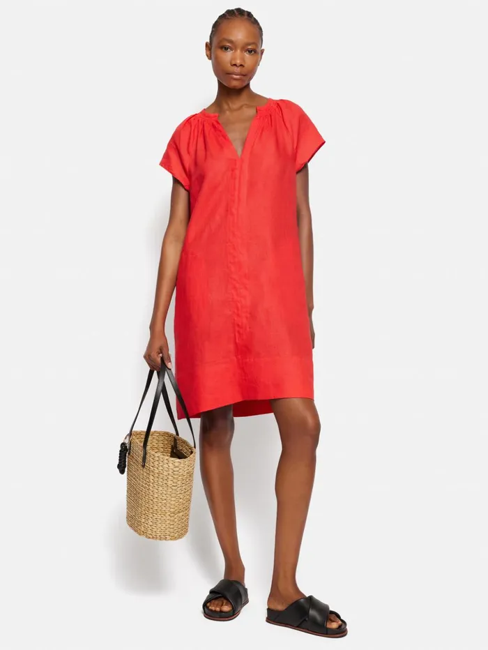 Jigsaw Linen Smocked Tshirt Dress Coral Women Dresses and Jumpsuits