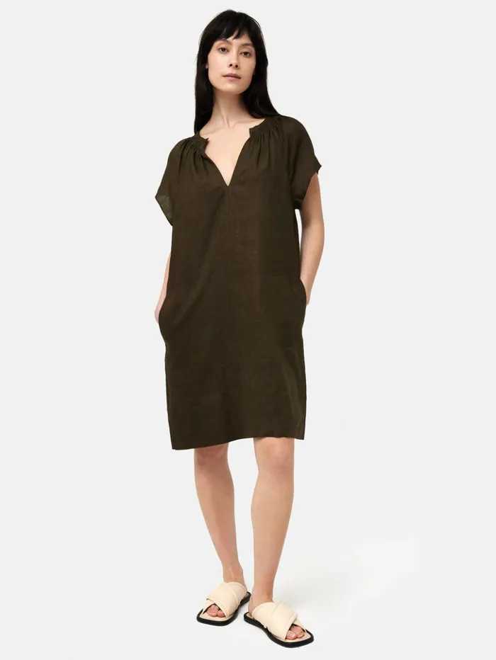 Jigsaw Linen Smocked Tshirt Dress Dark Green Women Dresses and Jumpsuits