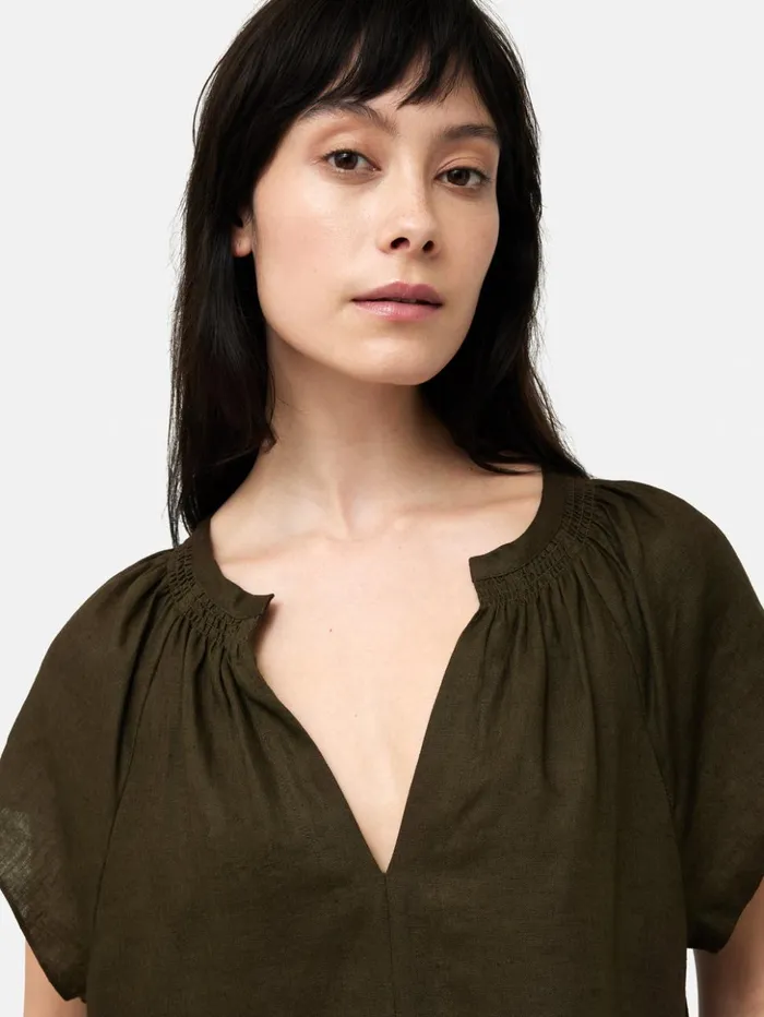 Jigsaw Linen Smocked Tshirt Dress Dark Green Women Dresses and Jumpsuits